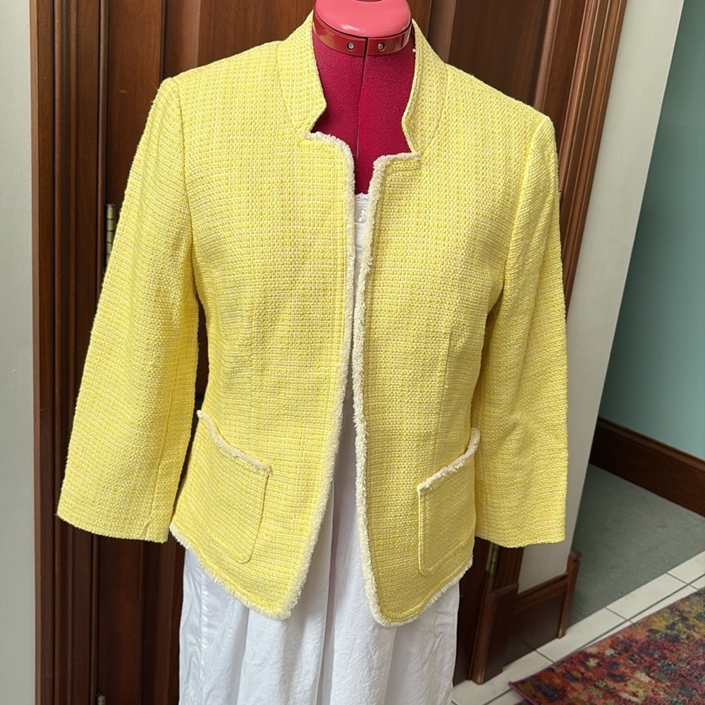Loft  Jacket  blazer  7/8” sleeves. Open front  raw edge look trim cotton yellow
